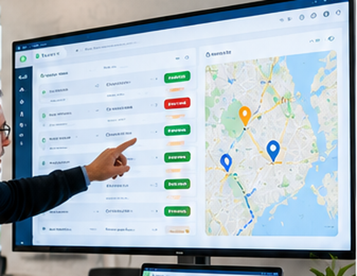 TaskMngt operational dashboard concept showing work status, assignments and map information.